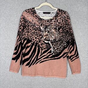 Vintage‎ 90s Embellished Leopard Zebra Sweater Medium Chains Rhinestone Studded